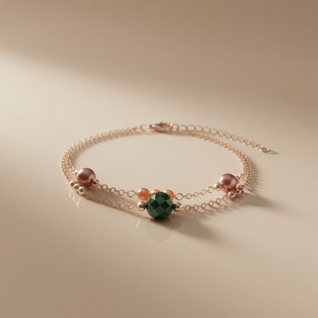 Orange Pearl Bracelet Green Czech Glass Bead Gold Chain Handmade