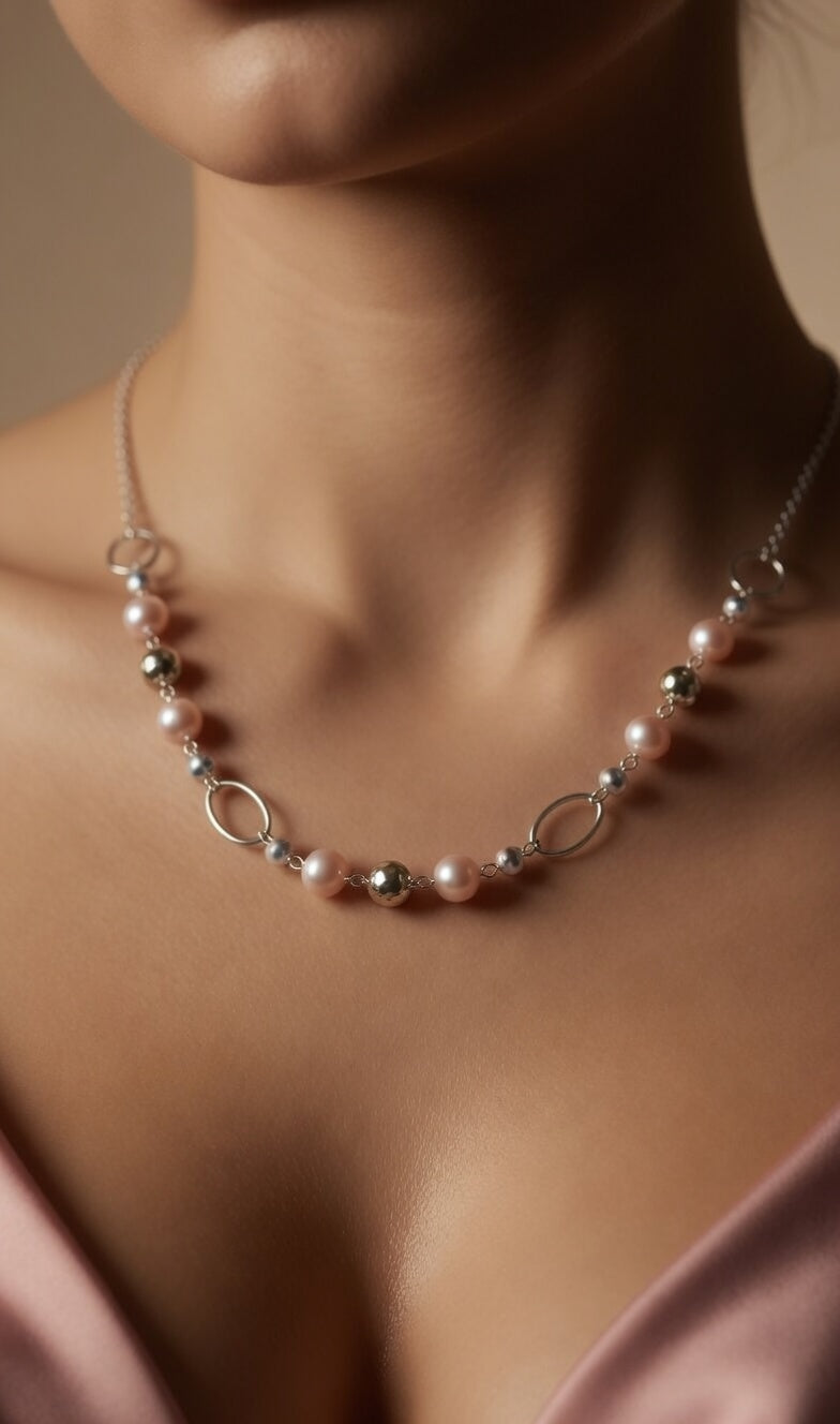 Czech Glass Peach Pearl Dawn Silver Oval Chain Boho Necklace