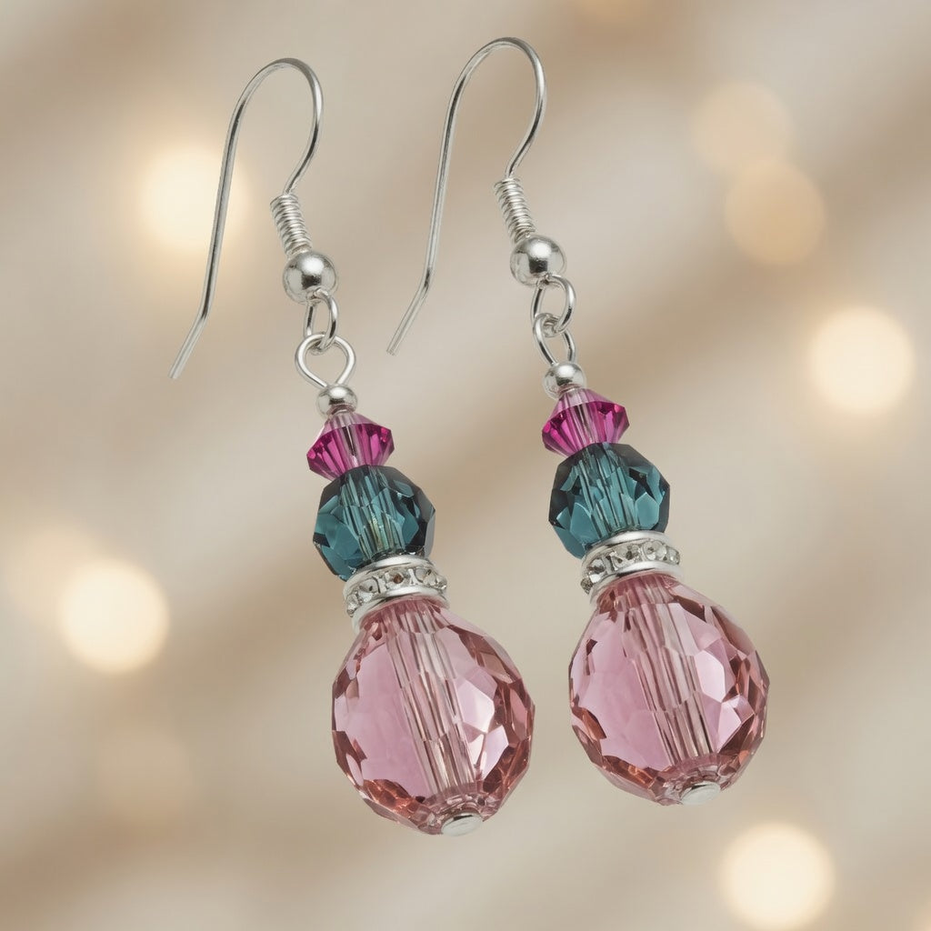 Pink Teal Crystal Drop Czech Glass & Swarovski Crystal Dangle Earrings