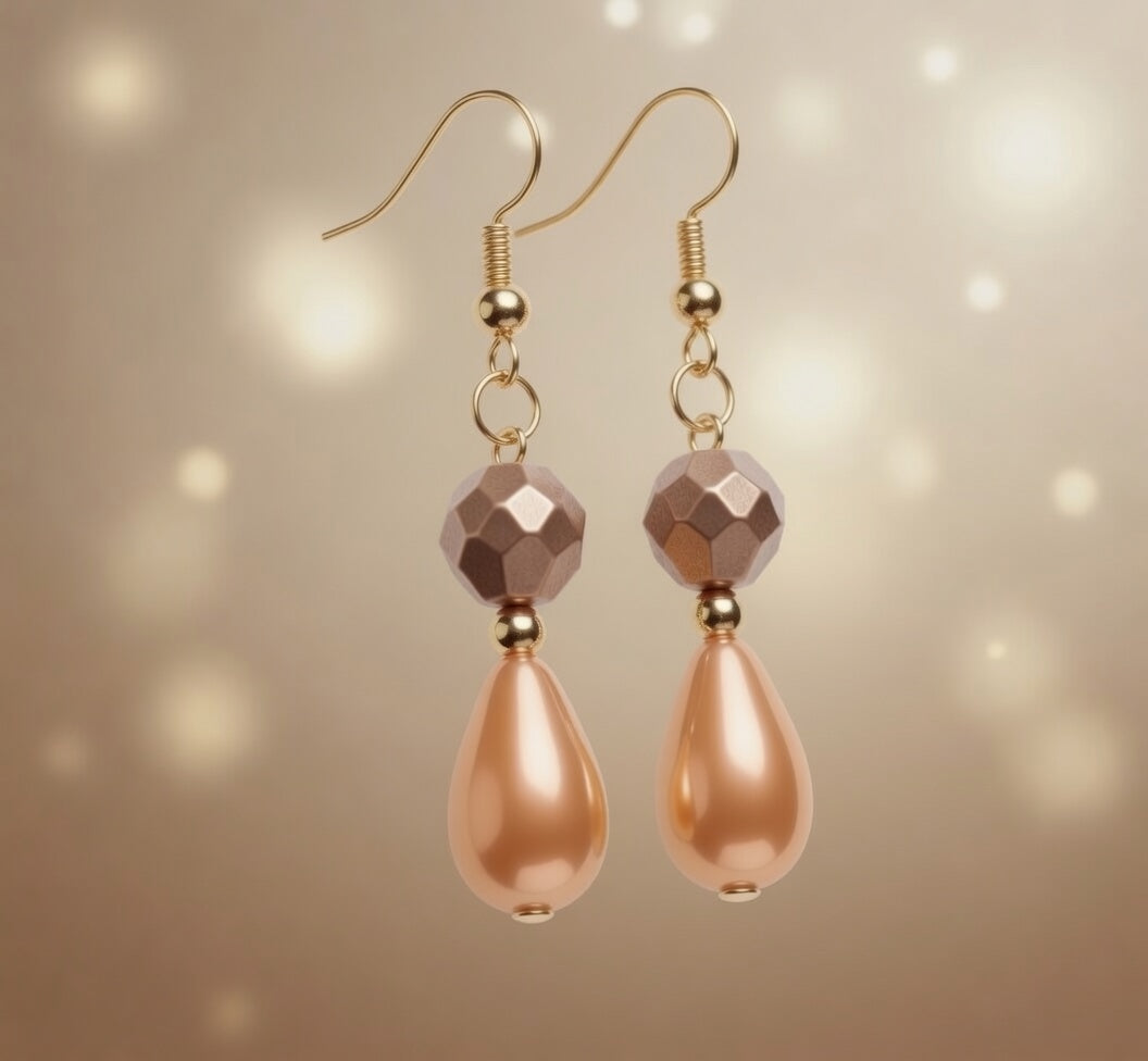 Czech Glass Amber Glow Orange Teardrop Dangle Earrings with Bronze Bead