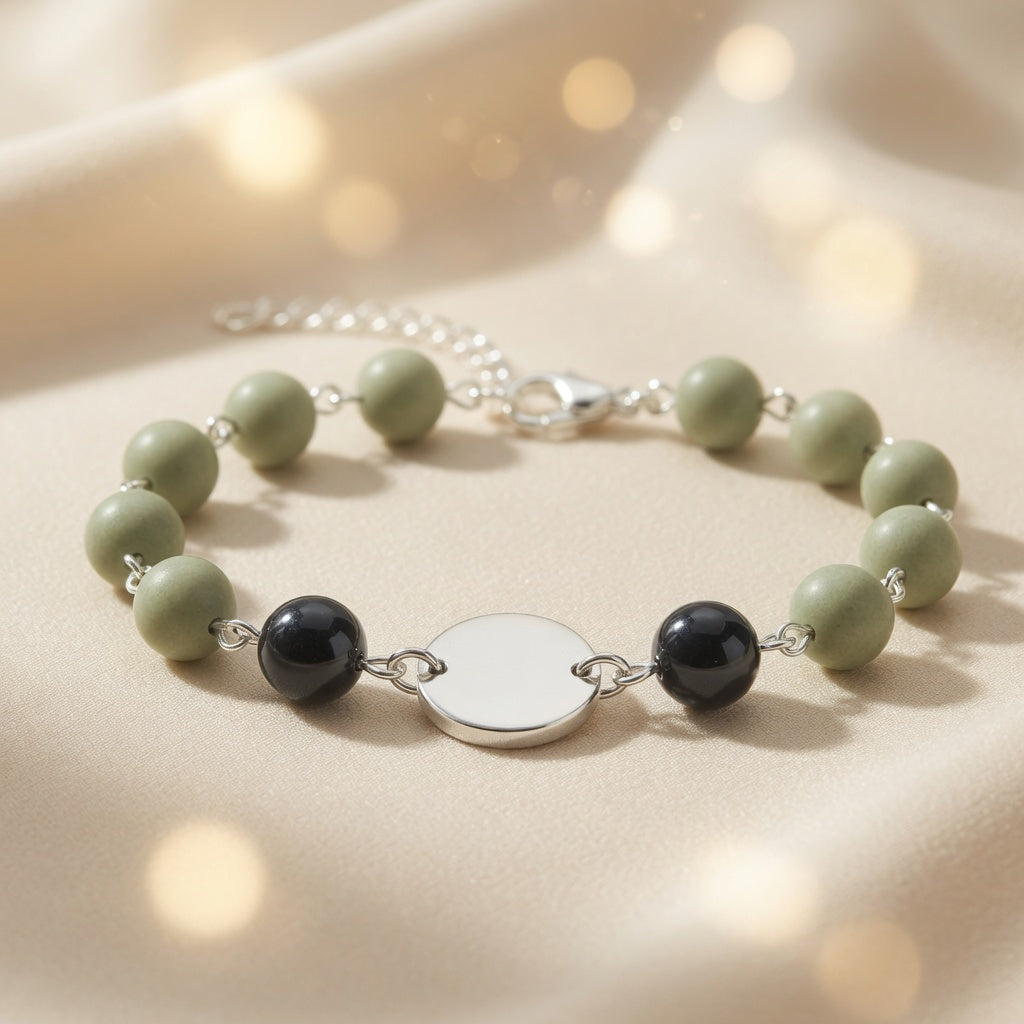 Czech Glass Mint Midnight Sage Green Matte Black Beaded Bracelet