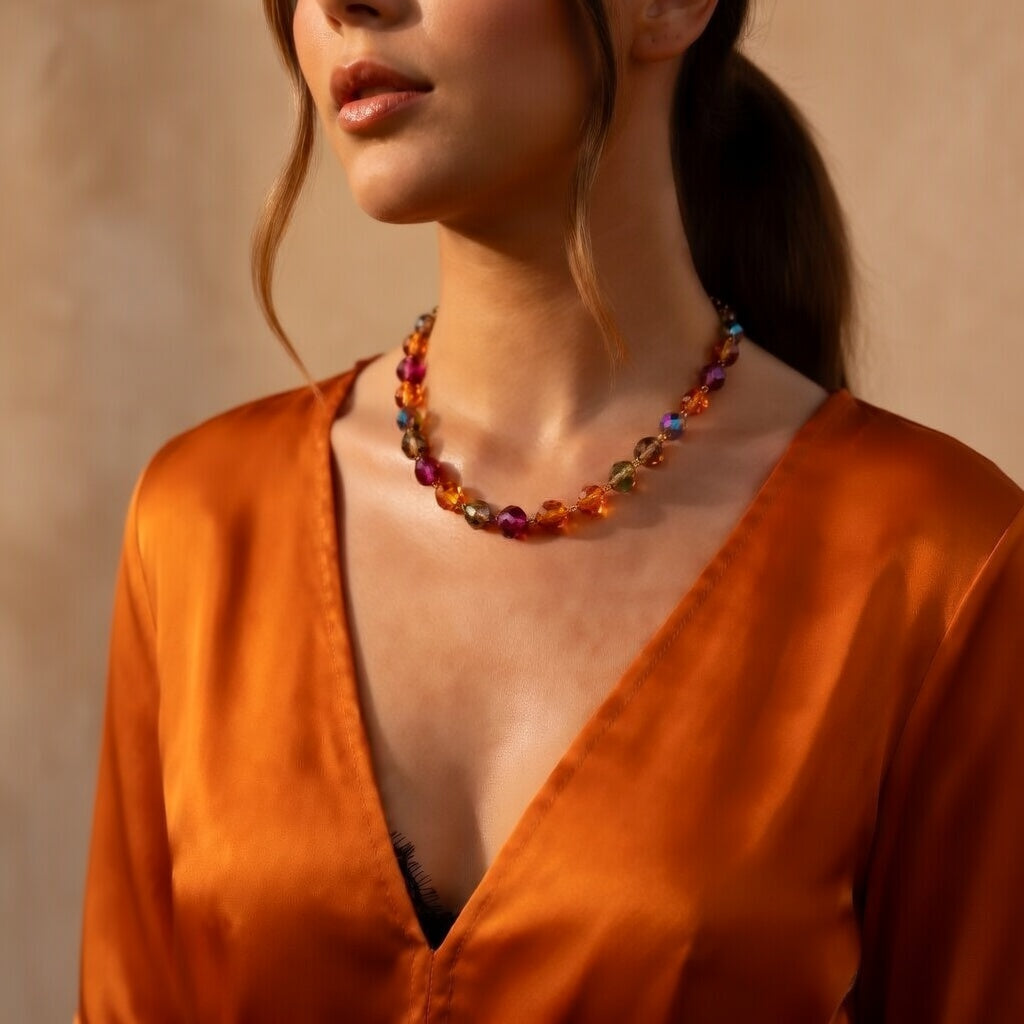 Czech Glass Multicolor Bead Necklace Golden Wine of Sunset