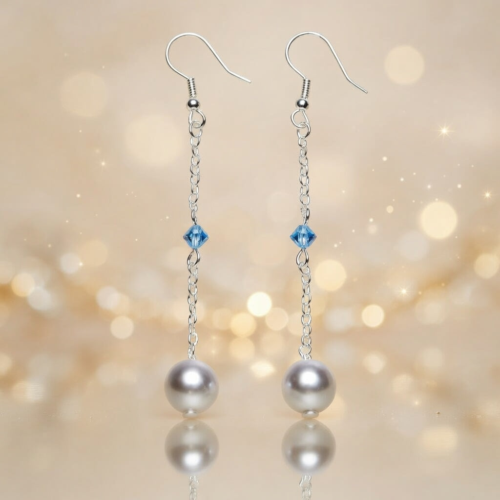 Czech Glass Long Pearl Drop Earrings Blue Swarovski Crystal Silver Chain Dangle