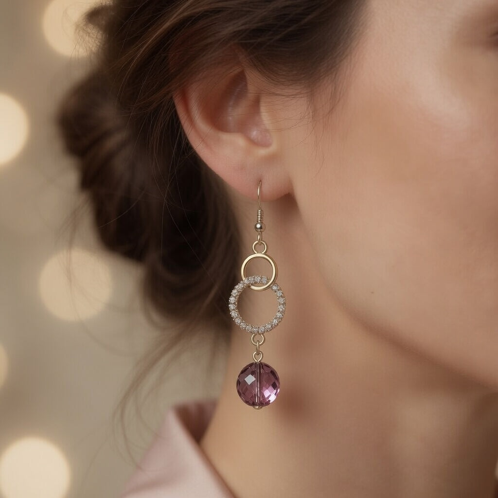 Purple Czech Glass Dangle Earrings Gold Crystal Linked Circle Drop Earrings