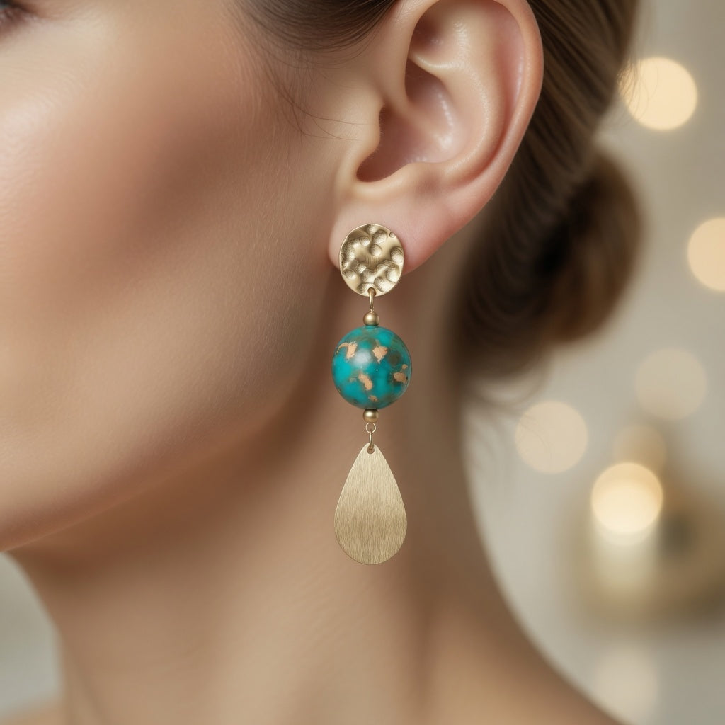 Czech Glass Golden Turquoise Dangle Earrings Gold Hammered Teardrop