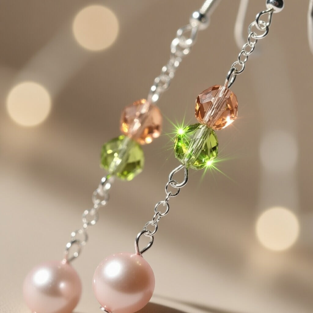 Czech Glass Rose Crystal Melody Pink Pearl Dangle Earrings