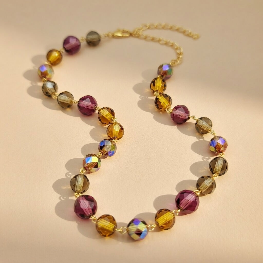 Czech Glass Multicolor Bead Necklace Golden Wine of Sunset