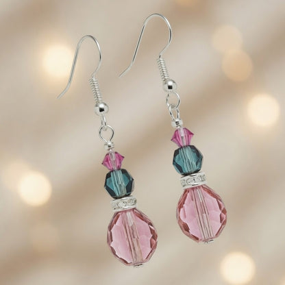 Pink Teal Crystal Drop Czech Glass & Swarovski Crystal Dangle Earrings