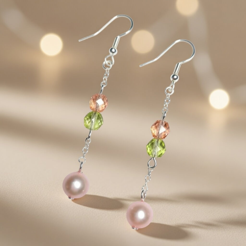 Czech Glass Rose Crystal Melody Pink Pearl Dangle Earrings