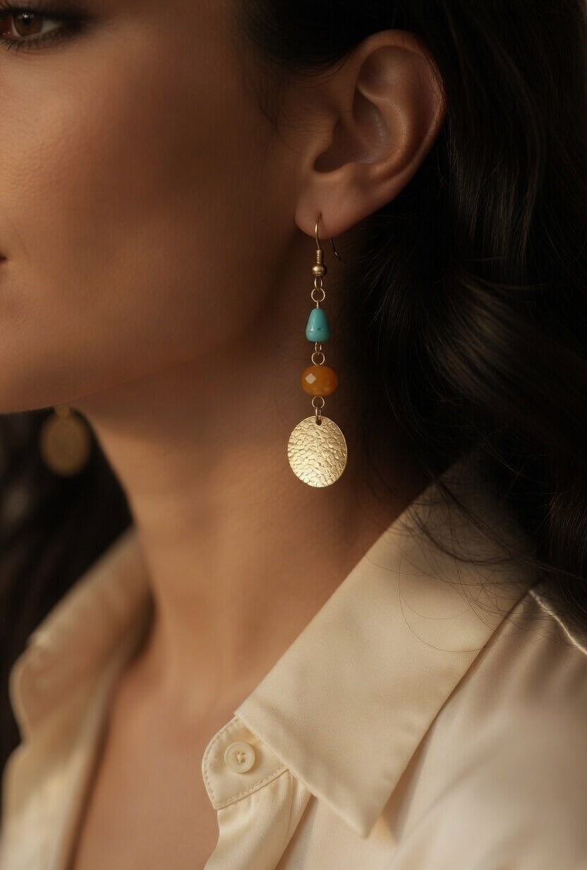 Czech Glass Golden Oasis Boho Turquoise & Glass Amber Beads Earrings