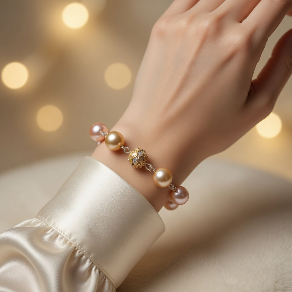 Czech Glass Glow of Bohemian Pearls Pink Gold Filigree Boho Bracelet