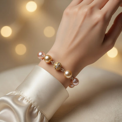 Czech Glass Glow of Bohemian Pearls Pink Gold Filigree Boho Bracelet