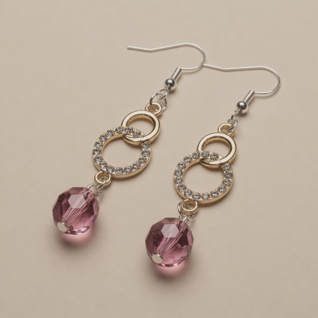 Purple Czech Glass Dangle Earrings Gold Crystal Linked Circle Drop Earrings