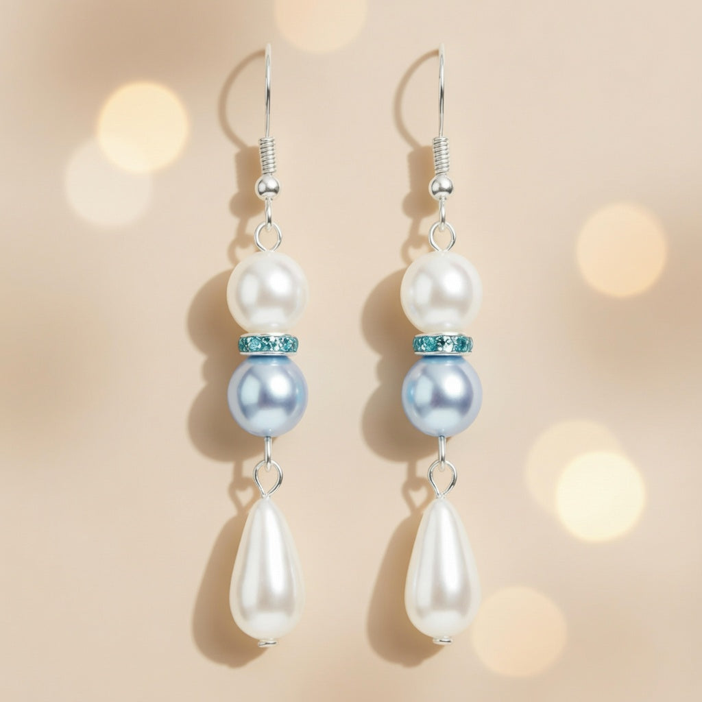 Czech Glass Blue White Pearl Dangle Earrings