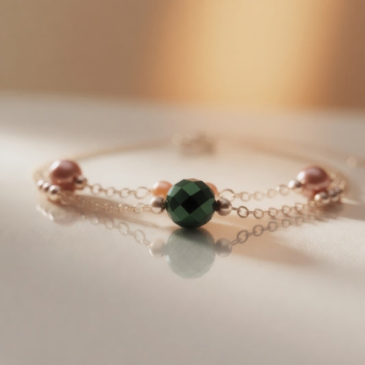 Orange Pearl Bracelet Green Czech Glass Bead Gold Chain Handmade