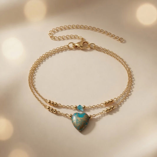Dainty Gold Turquoise Heart Bracelet - Czech Glass & Swarovski Crystal