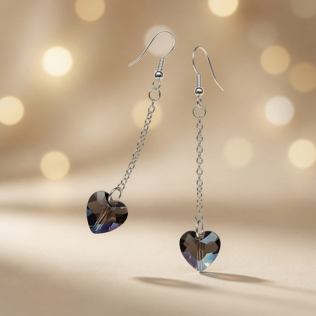 Swarovski Crystal Heart Smoky Twilight Dangling Earrings