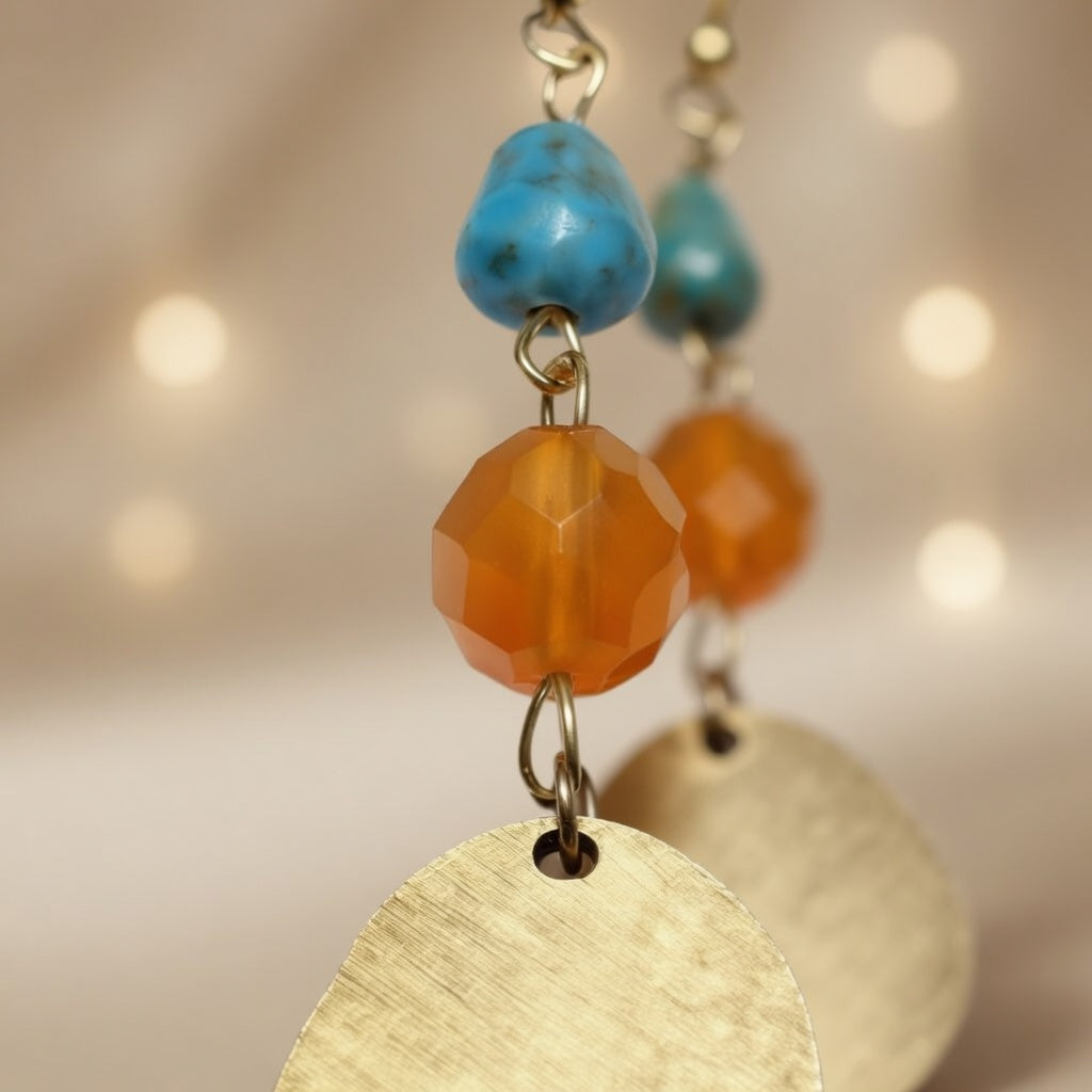 Czech Glass Golden Oasis Boho Turquoise & Glass Amber Beads Earrings