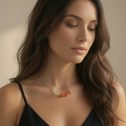 Ember of the Grove Dainty Czech Glass Bead Necklace with Green & Amber Faceted Beads