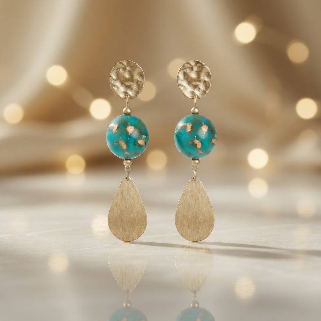 Czech Glass Golden Turquoise Dangle Earrings Gold Hammered Teardrop