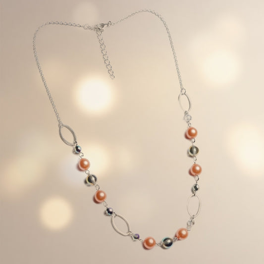 Czech Glass Peach Pearl Dawn Silver Oval Chain Boho Necklace