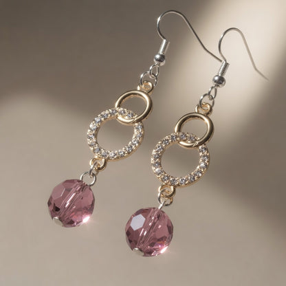 Purple Czech Glass Dangle Earrings Gold Crystal Linked Circle Drop Earrings