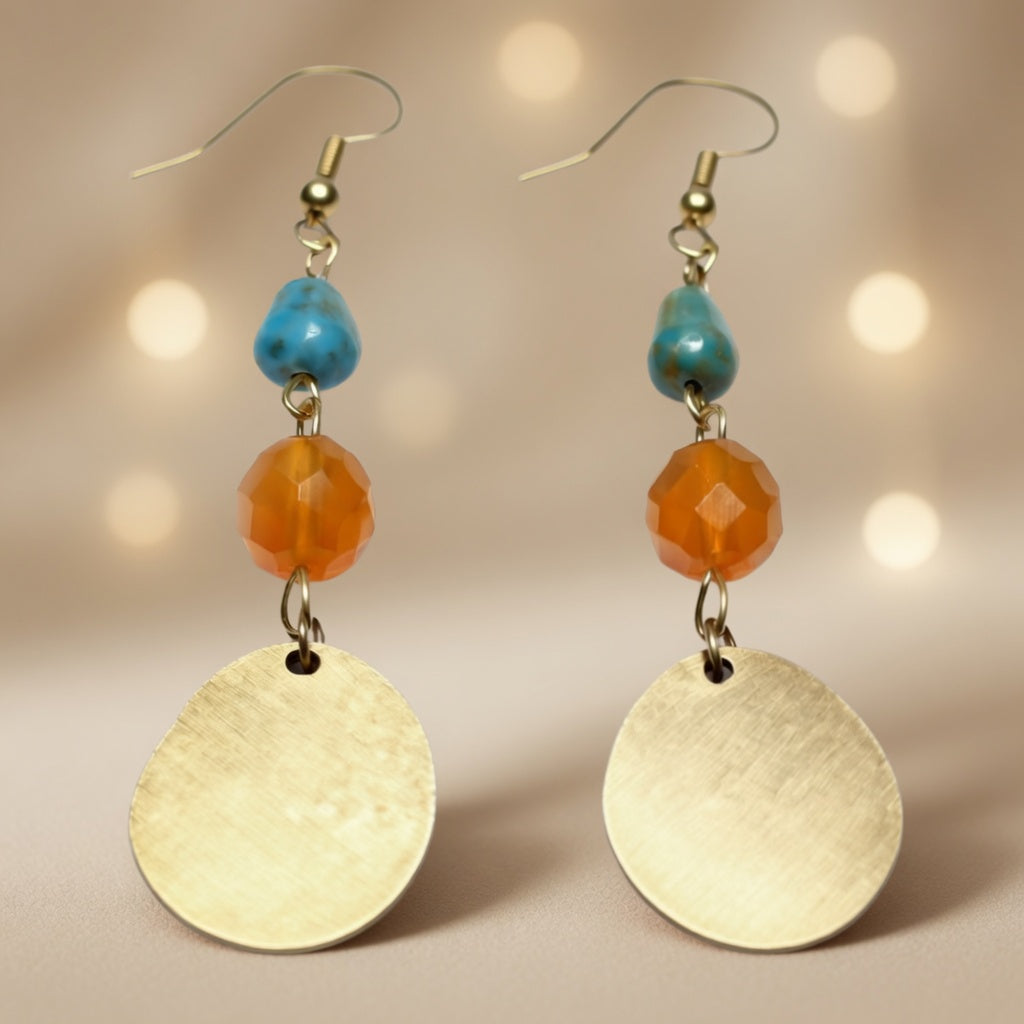 Czech Glass Golden Oasis Boho Turquoise & Glass Amber Beads Earrings