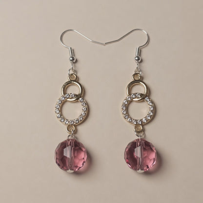 Purple Czech Glass Dangle Earrings Gold Crystal Linked Circle Drop Earrings