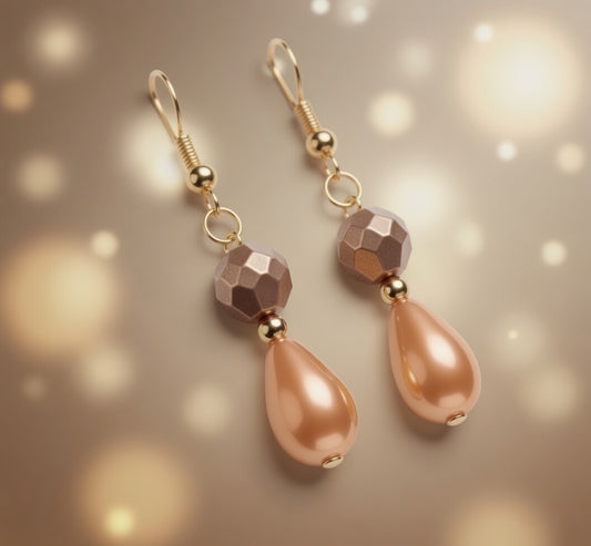 Czech Glass Amber Glow Orange Teardrop Dangle Earrings with Bronze Bead