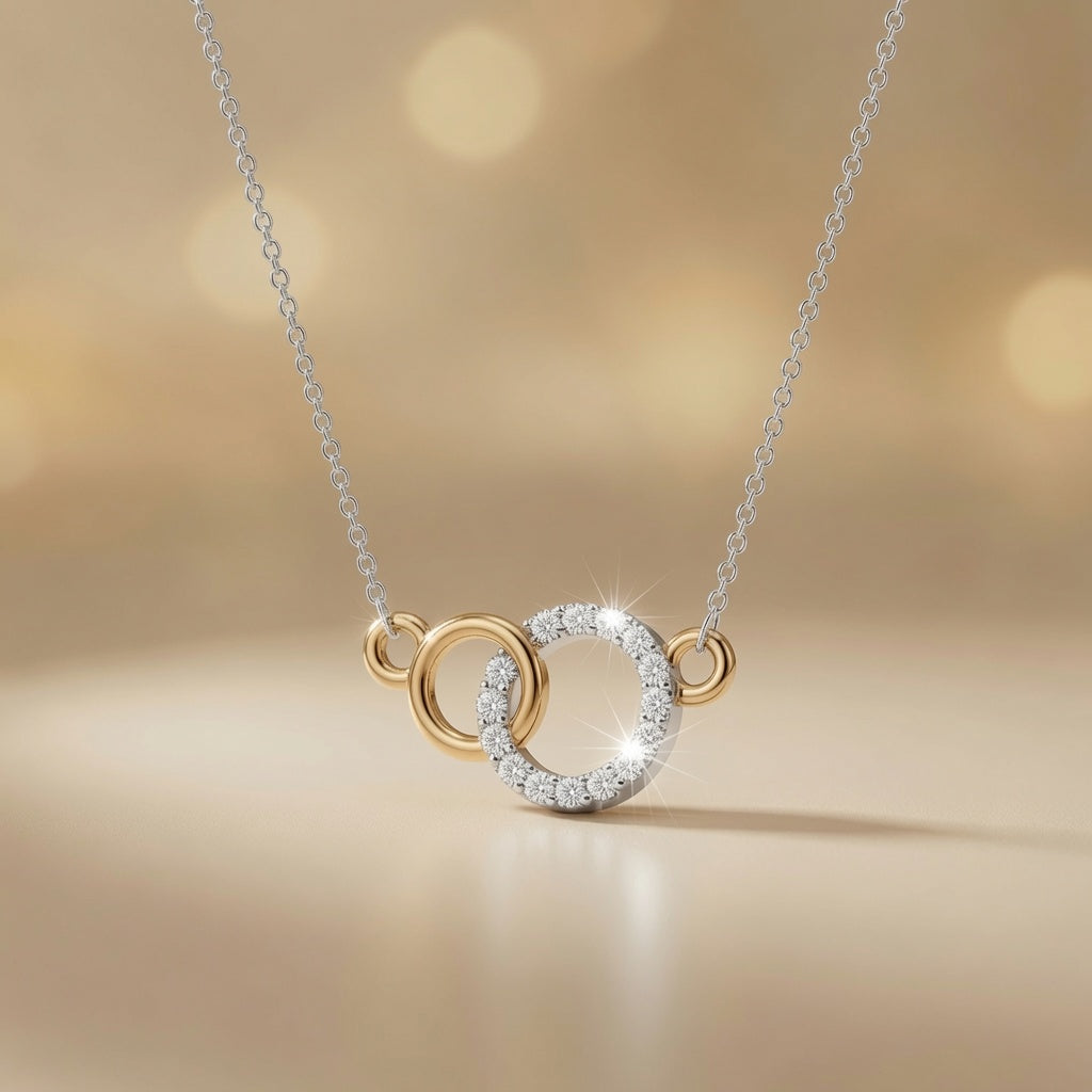 Gold Linked Circles Golden Interlock Radiance Necklace Czech Glass Crystal Pavé Pendant