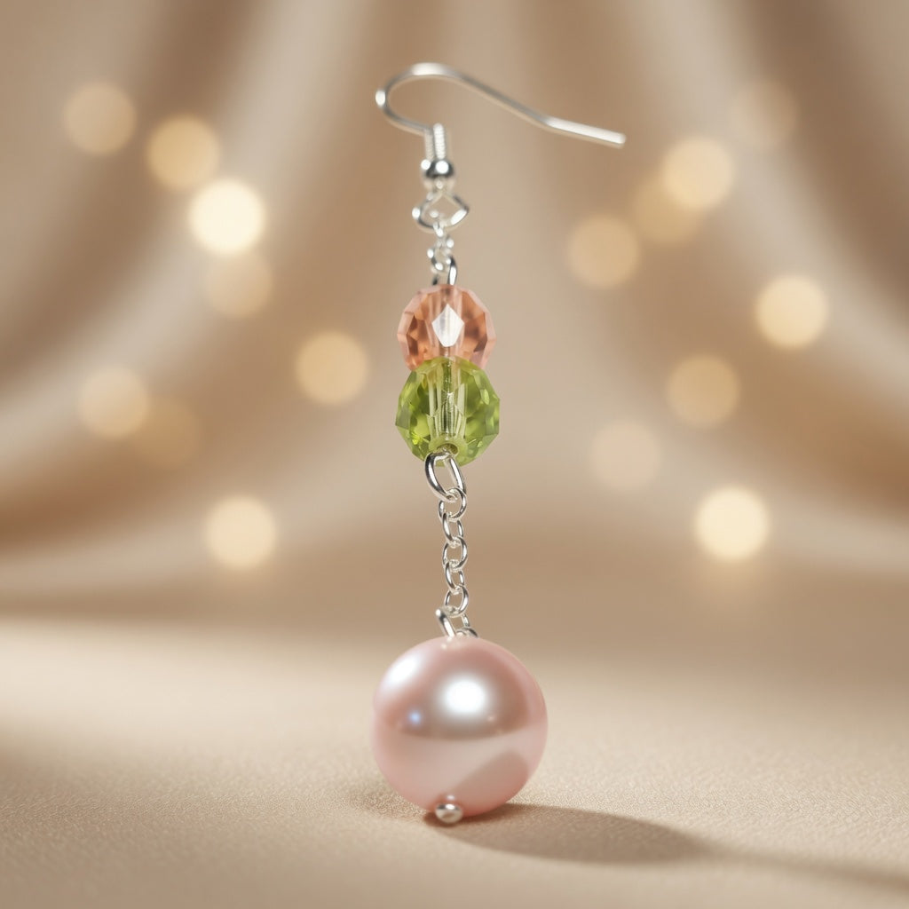 Czech Glass Rose Crystal Melody Pink Pearl Dangle Earrings