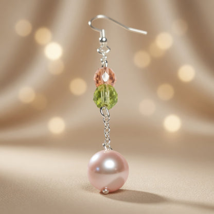 Czech Glass Rose Crystal Melody Pink Pearl Dangle Earrings