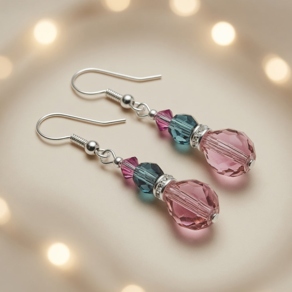 Pink Teal Crystal Drop Czech Glass & Swarovski Crystal Dangle Earrings