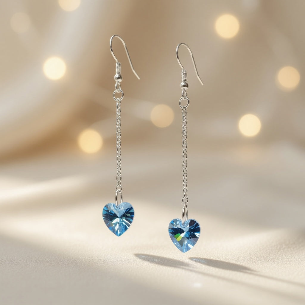 Swarovski Crystal Blue Heart Long Dangle Azure Flight Drop Earrings