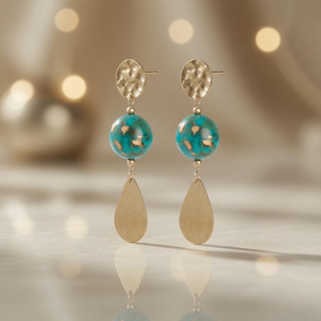 Czech Glass Golden Turquoise Dangle Earrings Gold Hammered Teardrop