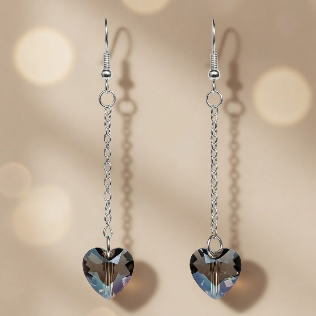 Swarovski Crystal Heart Smoky Twilight Dangling Earrings