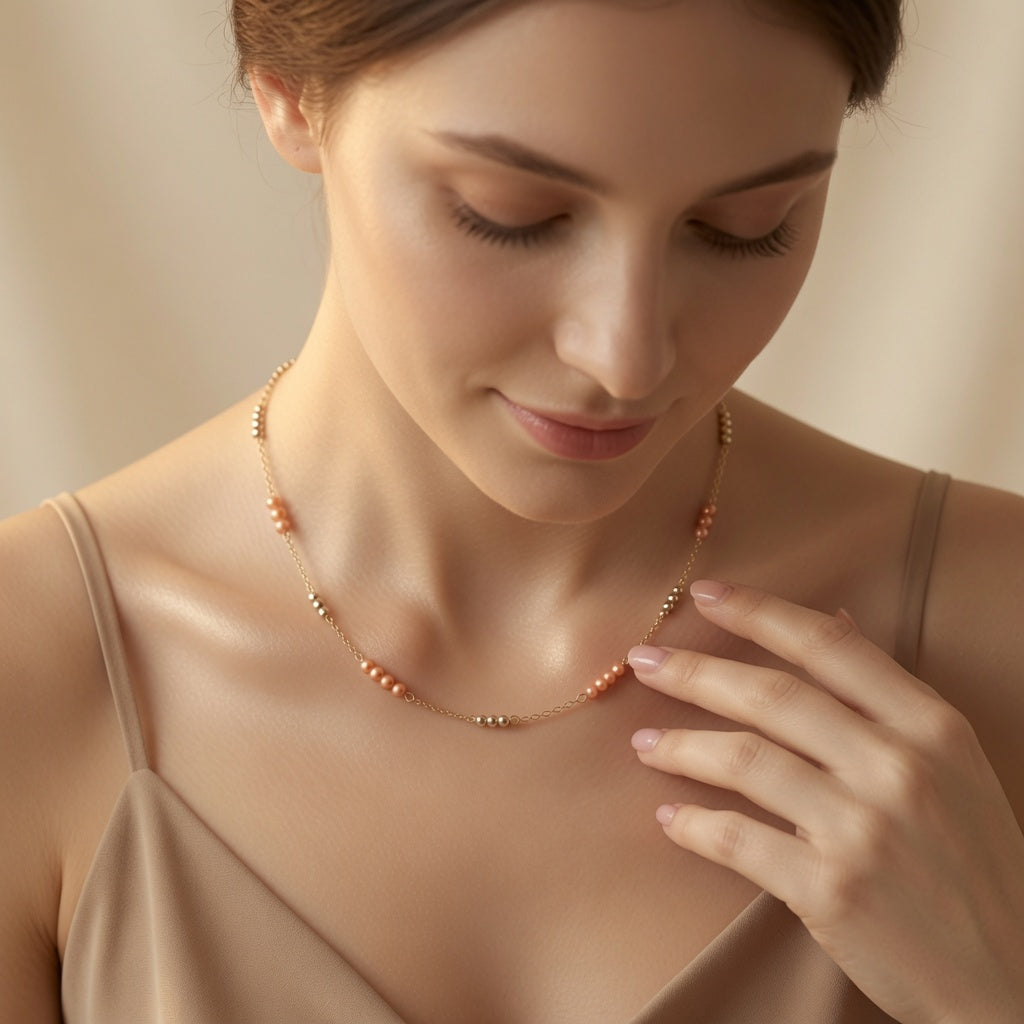 Czech Glass Peach Pearl Glow Chain Necklace Minimalist Layering Beaded Necklace