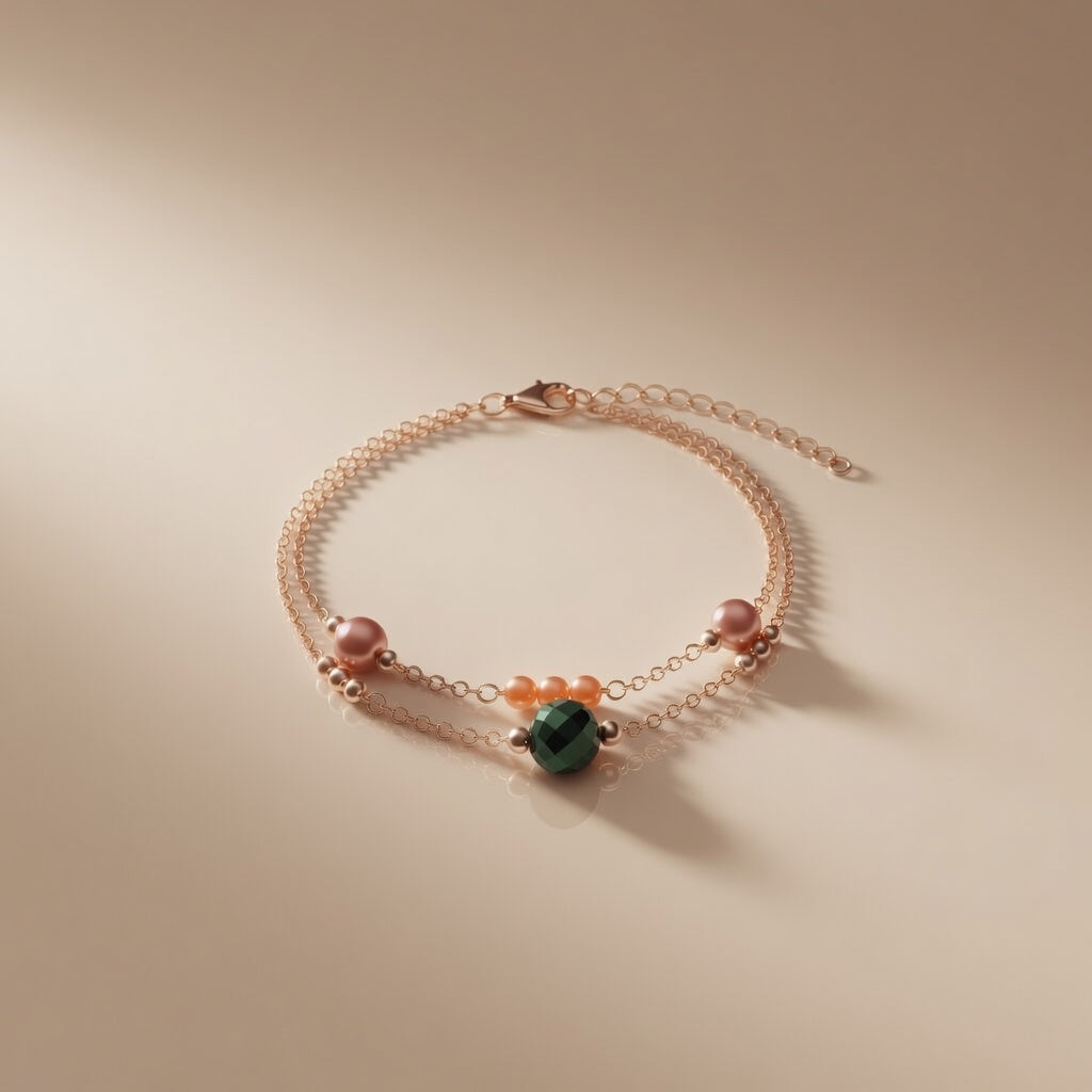 Orange Pearl Bracelet Green Czech Glass Bead Gold Chain Handmade