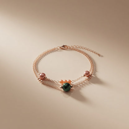 Orange Pearl Bracelet Green Czech Glass Bead Gold Chain Handmade