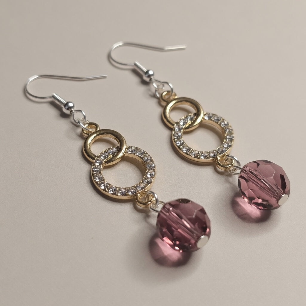 Purple Czech Glass Dangle Earrings Gold Crystal Linked Circle Drop Earrings