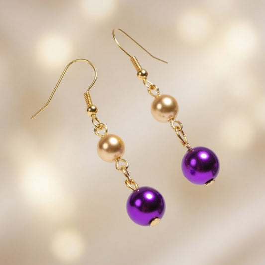 Czech Glass  Purple Gold Pearl Dangle Earrings