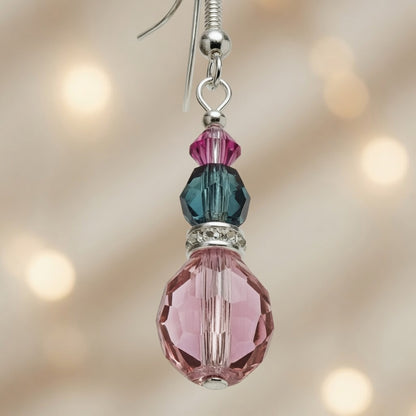 Pink Teal Crystal Drop Czech Glass & Swarovski Crystal Dangle Earrings