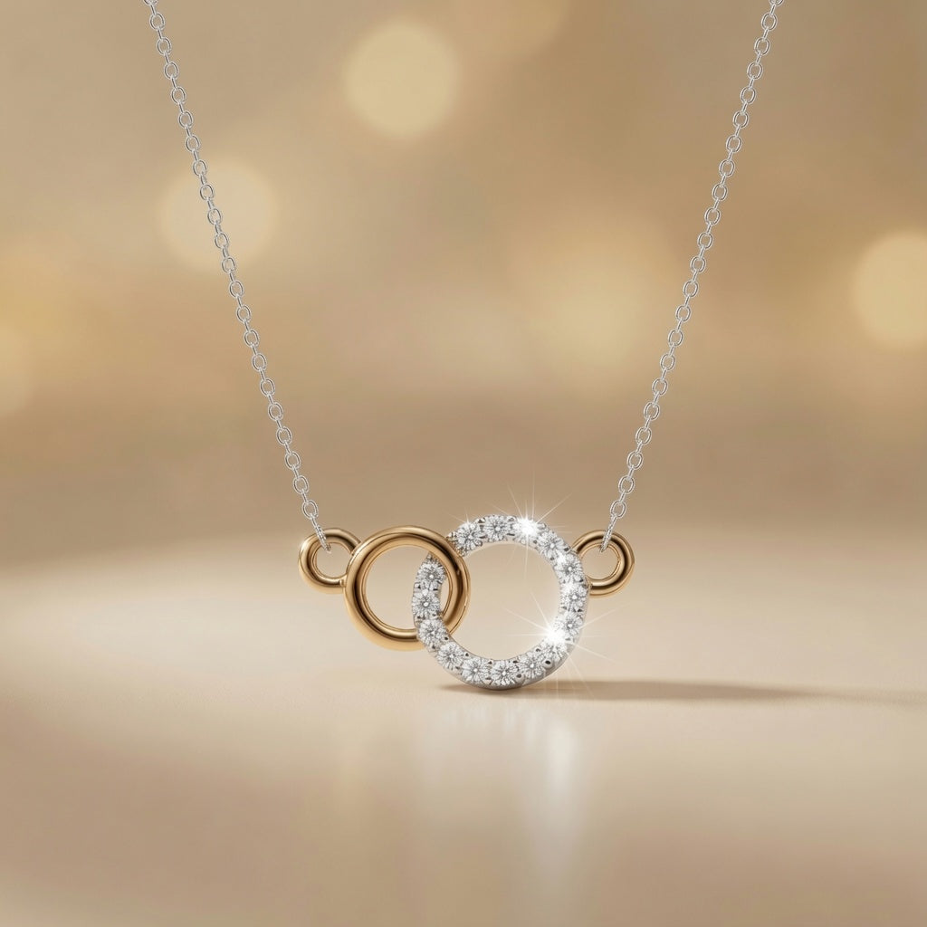 Gold Linked Circles Golden Interlock Radiance Necklace Czech Glass Crystal Pavé Pendant