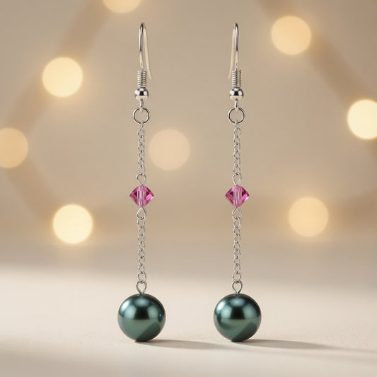 Swarovski Crystal & Czech Glass Emerald Night Green Pearl Dangle Earrings