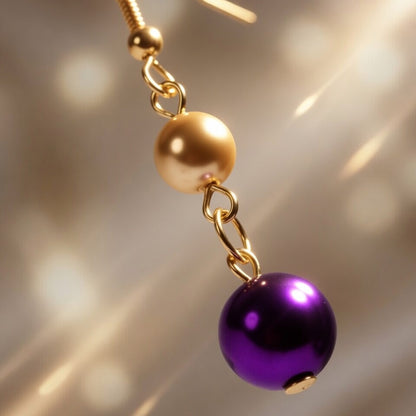 Czech Glass  Purple Gold Pearl Dangle Earrings