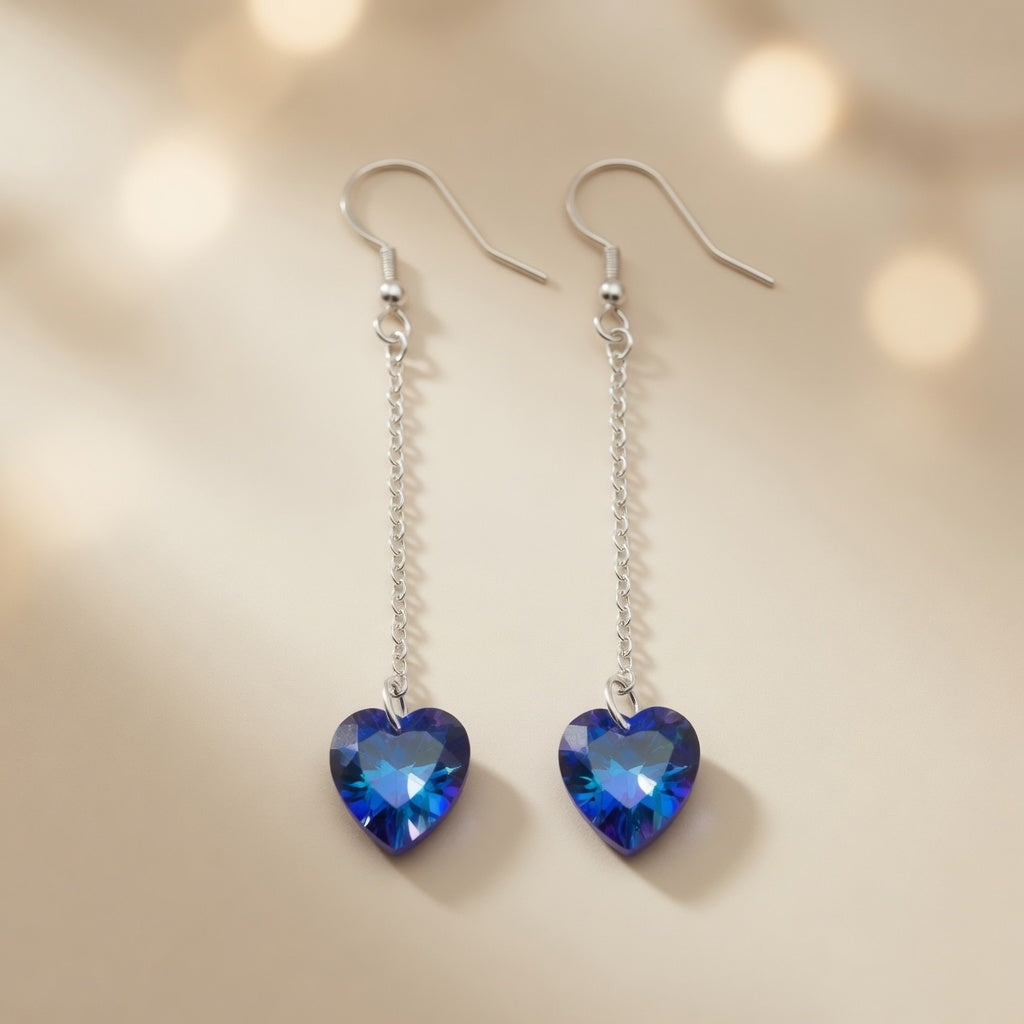 Swarovski Crystal Ocean Sapphire Blue Heart Dangle Earrings