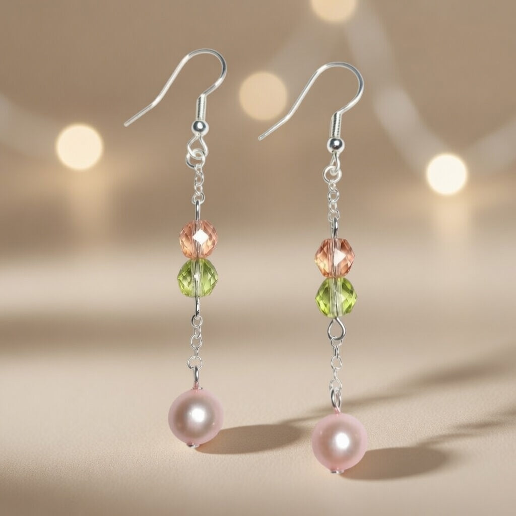 Czech Glass Rose Crystal Melody Pink Pearl Dangle Earrings
