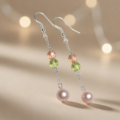 Czech Glass Rose Crystal Melody Pink Pearl Dangle Earrings