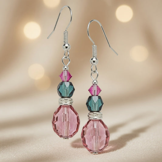 Pink Teal Crystal Drop Czech Glass & Swarovski Crystal Dangle Earrings