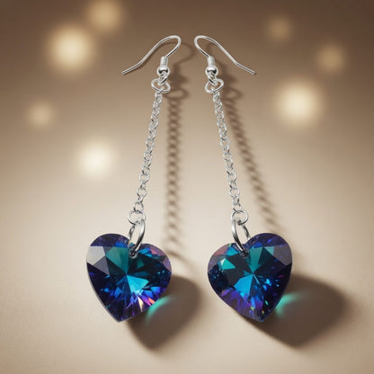 Swarovski Crystal Ocean Sapphire Blue Heart Dangle Earrings